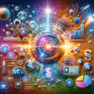 A bright and colorful image showing icons of SEO, graphs