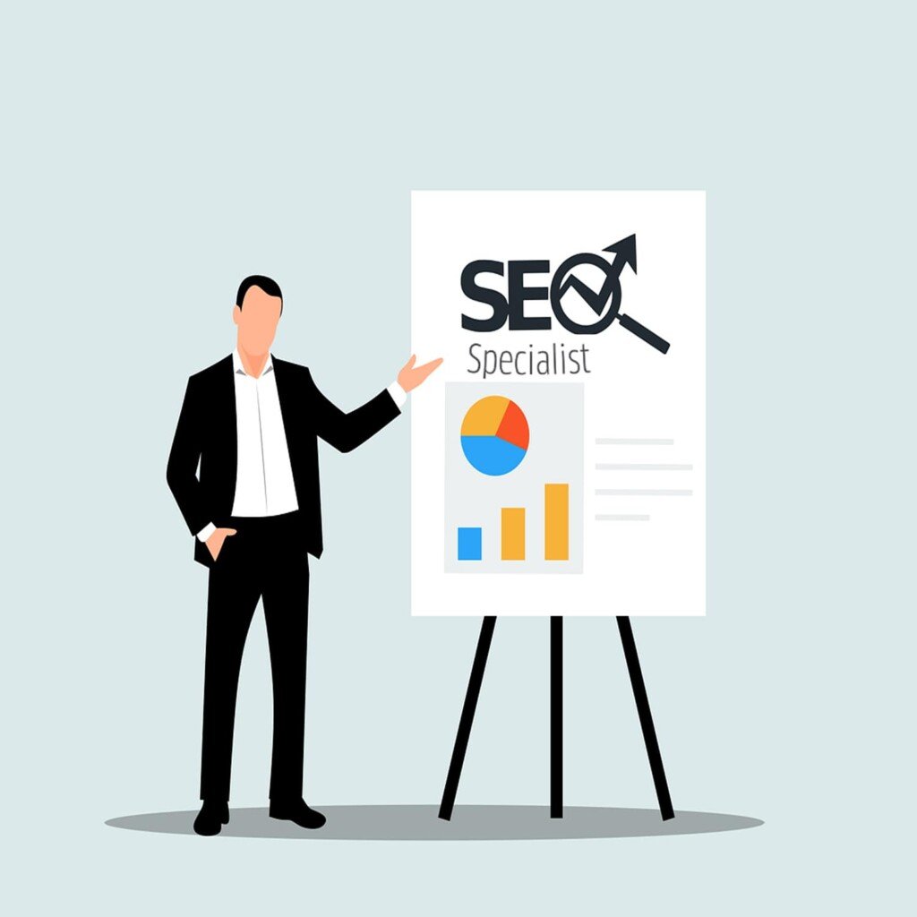 A person standing and SEO specialist is written on the board the board