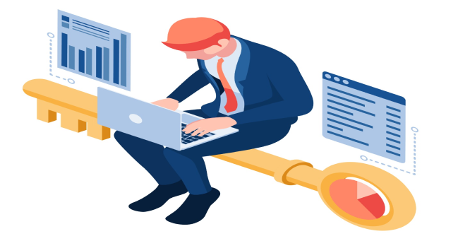 A man is sitting and searching on a laptop while siting on a key, a great illustration to show a seo consultancy agency in london