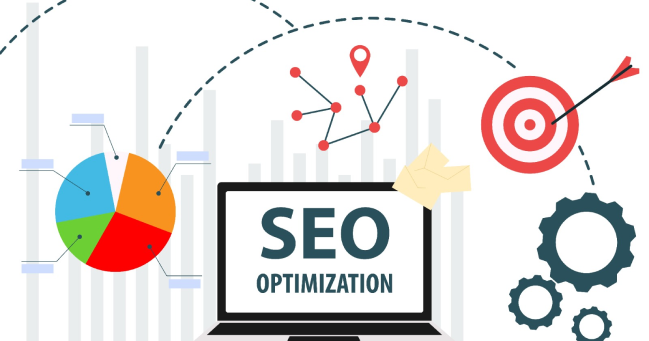 illustration which shows image of seo optimization, a pie chart, settings image and shows the power of seo consultancy in london