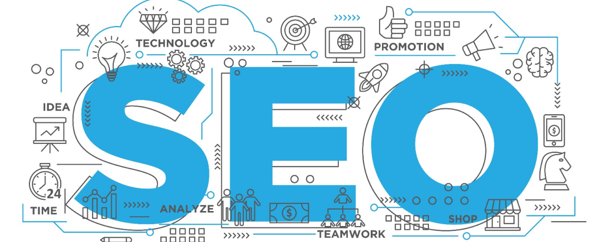 A big SEO text is written in blue with some icons showing team work, promotions, technology, time, idea, Digitalinear-seo expert